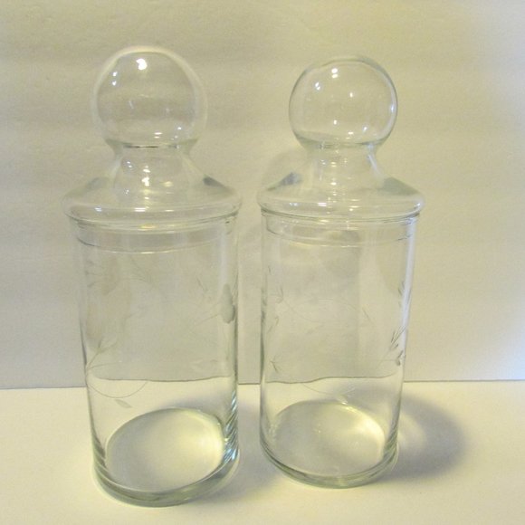 set vtg clear glass etched tall apothecary jars ball shaped lids grandmacore - Picture 10 of 13